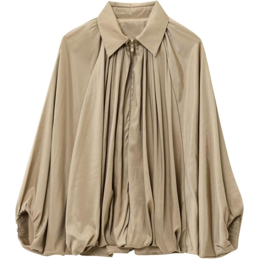 Women’s Puffed Bomber Jacket Trendy Lapel Collar Long Batwing Sleeve Front Zip O